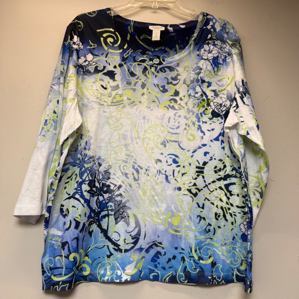 Weekends by Chicos Top Womens 3 Blue Lime Green Excellent Floral 3/4 Sleeve